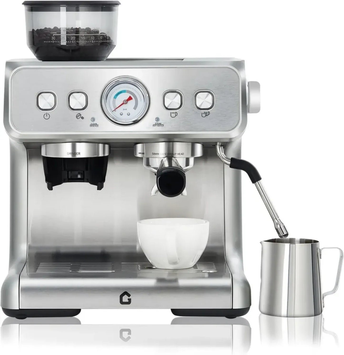 Cafetière Expresso Semi-Automatique avec Broyeur - 20 Bars, Réservoir 2,8 L, Mousseur à Lait, Acier Inox