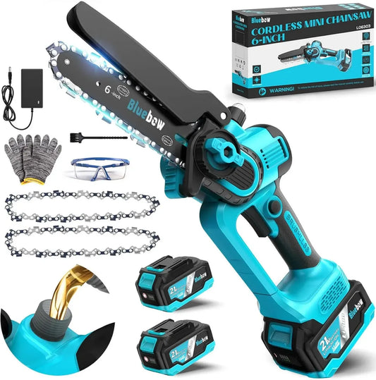 Scie à chaîne sans fil 6 pouces avec moteur brushless, 2 batteries 4000 mAh, système de lubrification intégré, idéale pour l'élagage