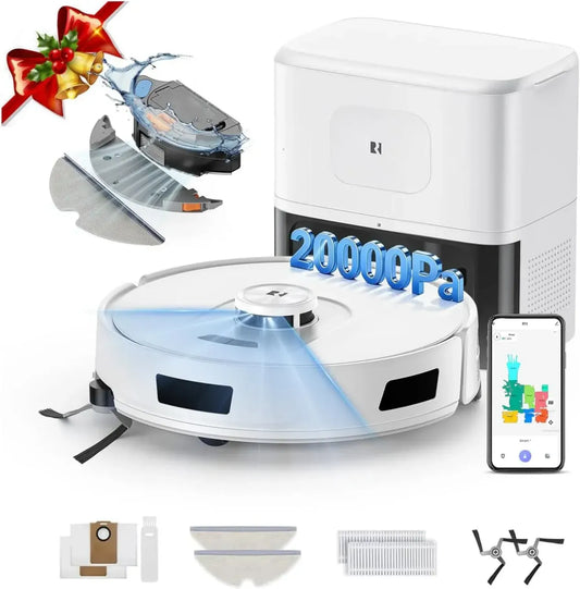 Aspirateur Robot R11 avec Station de Nettoyage, Puissance d'Aspiration 20000Pa, Vidage Automatique 90 Jours, Navigation LiDAR, Connexion WiFi 5G/2.4G