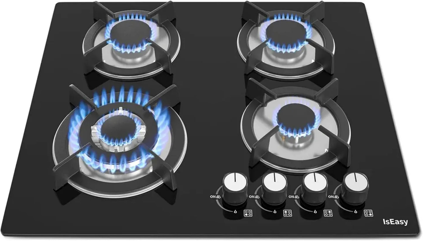 Plaque de Cuisson à Gaz 4 Feux Encastrable 60cm, Compatible Bouteille et Gaz de Ville, Verre Trempé