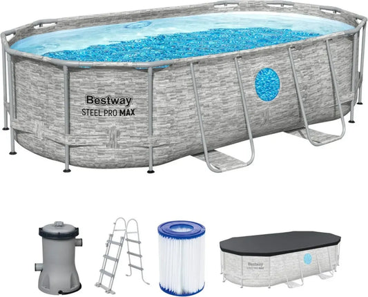 Piscine Ovale Bestway Power Steel Vista, Kit Complet avec Pompe de Filtration, Mur Imitation Pierre, 427 x 250 x 100 cm