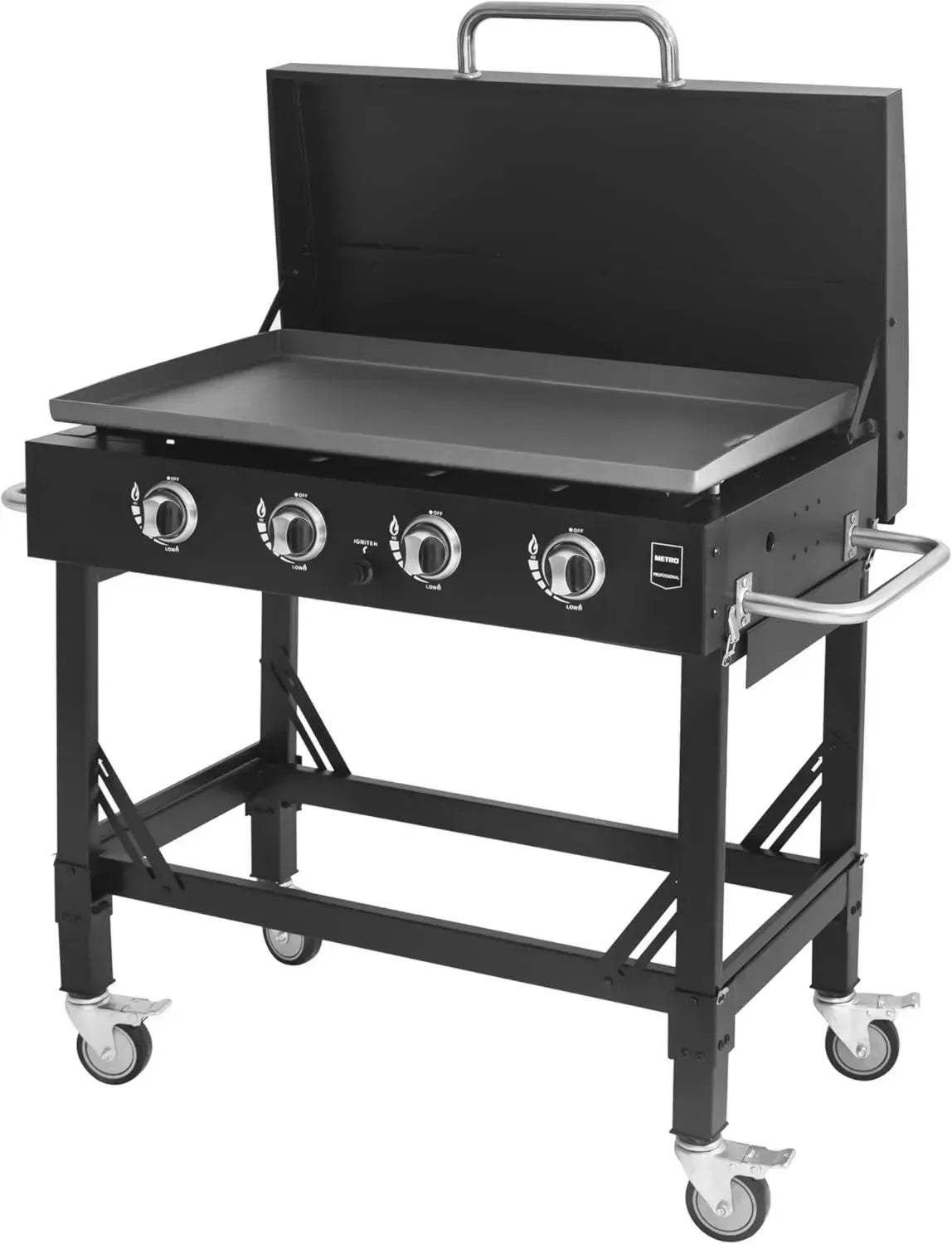Plancha à Gaz Professionnelle METRO avec 4 Brûleurs, Acier Inoxydable, 14.8 kW, Allumage Impulsion, Roulettes Pivotantes, Pliable, Noir