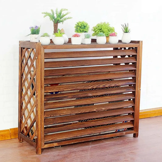 Écran Décoratif pour Climatiseur Extérieur avec Étagères à Fleurs en Bois - Volets Marron (110 x 50 x 105 cm)